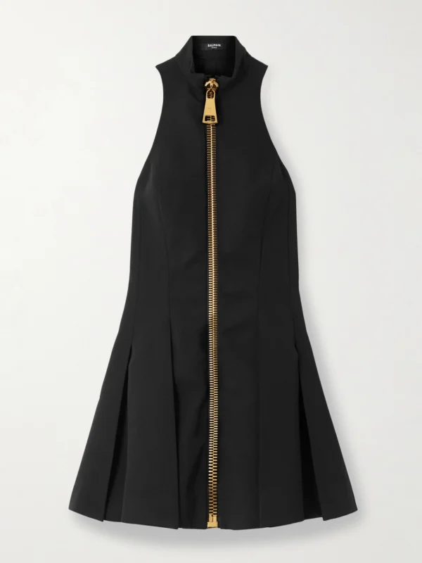 Balmain Zip-detailed Pleated Grain De Poudre Wool Mini Dress