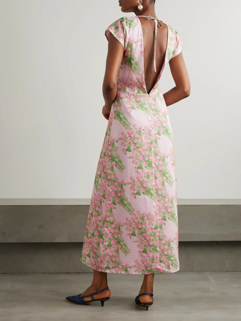 Back view of the Bernadette Anne Open-back Floral-print Linen Midi Dress