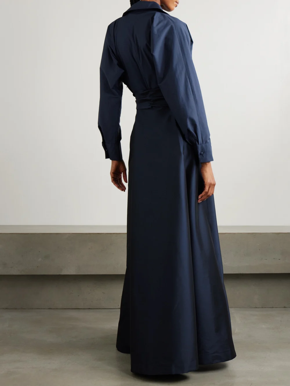 Back view of the Bernadette Beatrice Belted Satin and Taffeta Gown