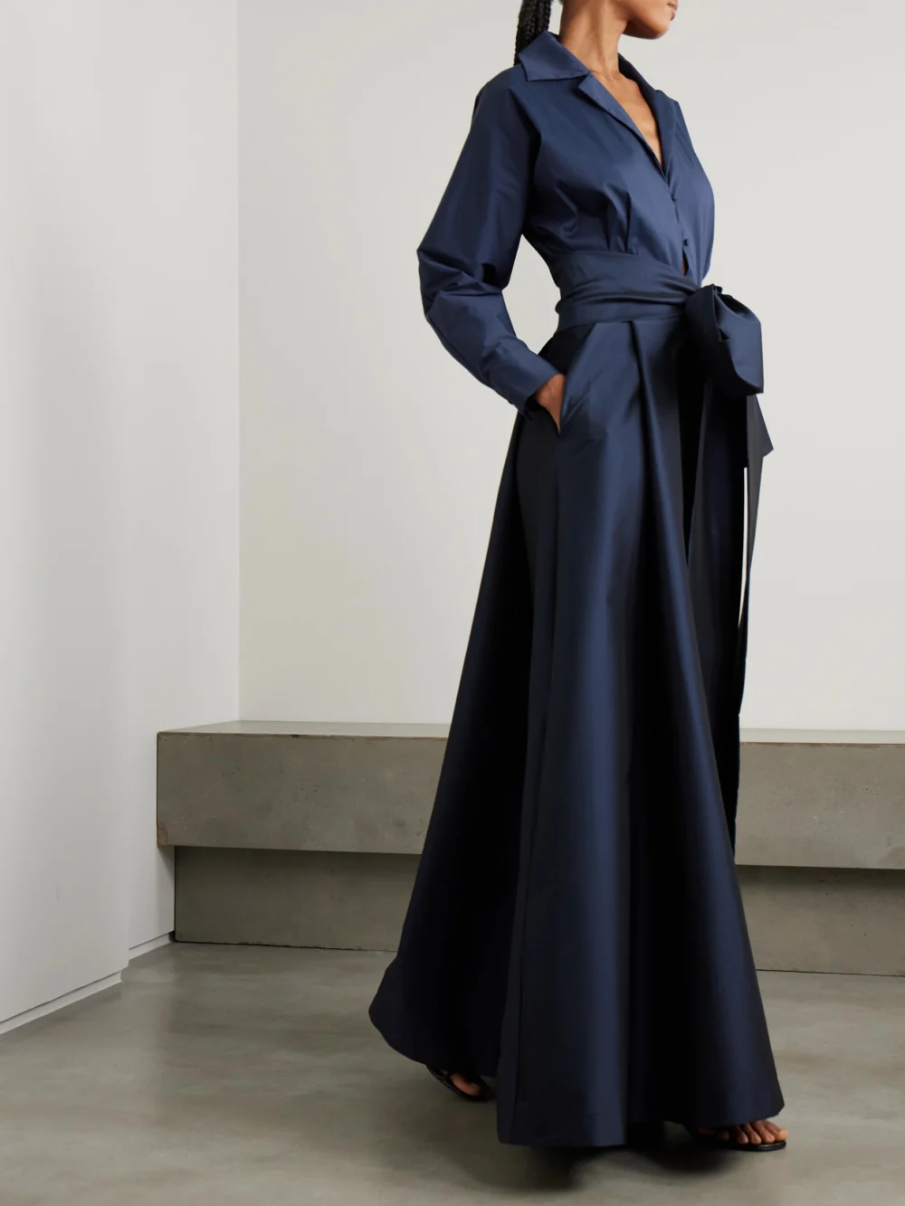 Bernadette Beatrice Belted Satin and Taffeta Gown, worn by a model