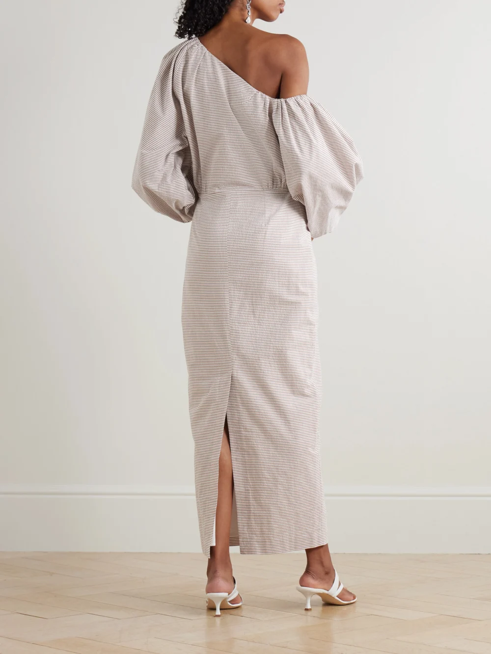 Back view of the Bernadette Cara Off-the-shoulder Gathered Striped Cotton-seersucker Midi Dress