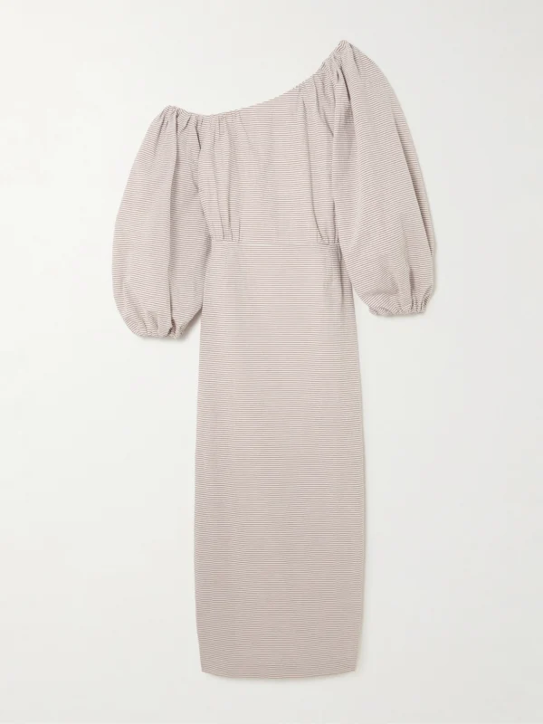 Bernadette Cara Off-the-shoulder Gathered Striped Cotton-seersucker Midi Dress