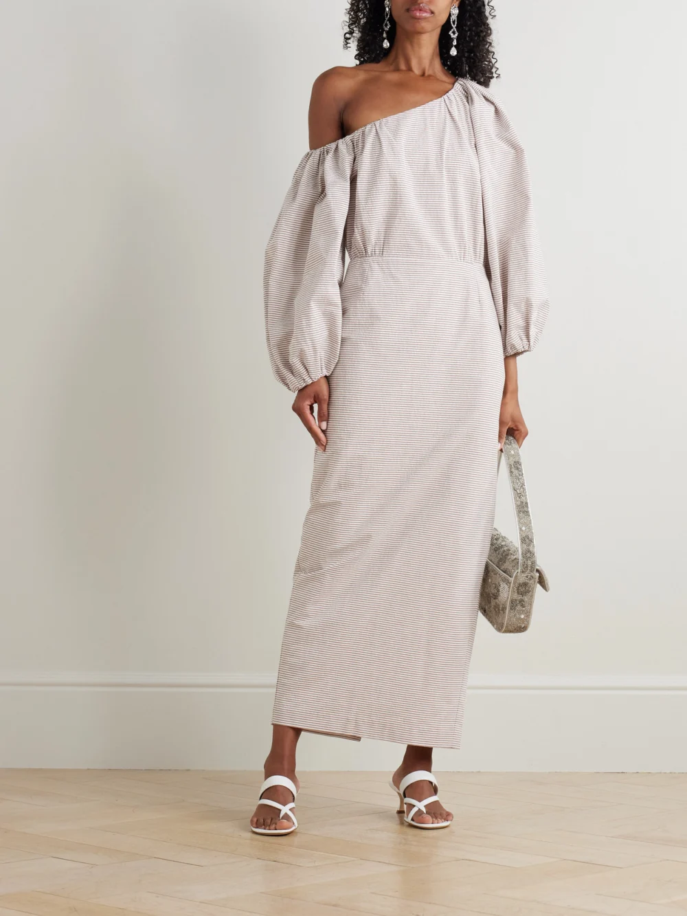 Bernadette Cara Off-the-shoulder Gathered Striped Cotton-seersucker Midi Dress, worn by a model