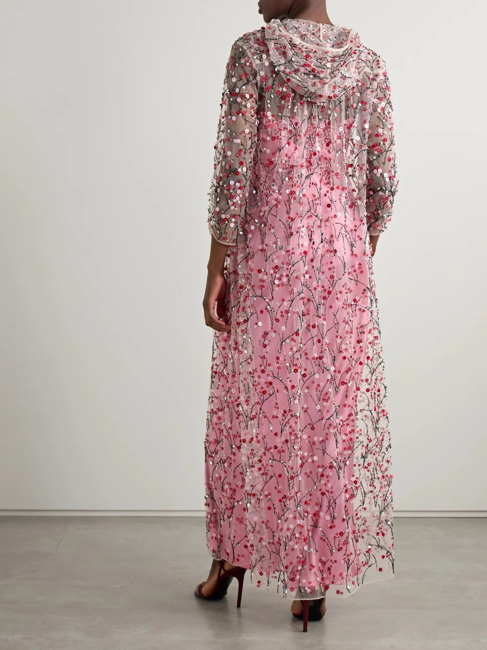 Back view of the Bernadette Christelle Hooded Embellished Tulle Cape