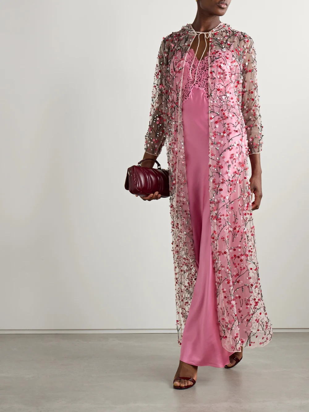 Bernadette Christelle Hooded Embellished Tulle Cape, worn by a model