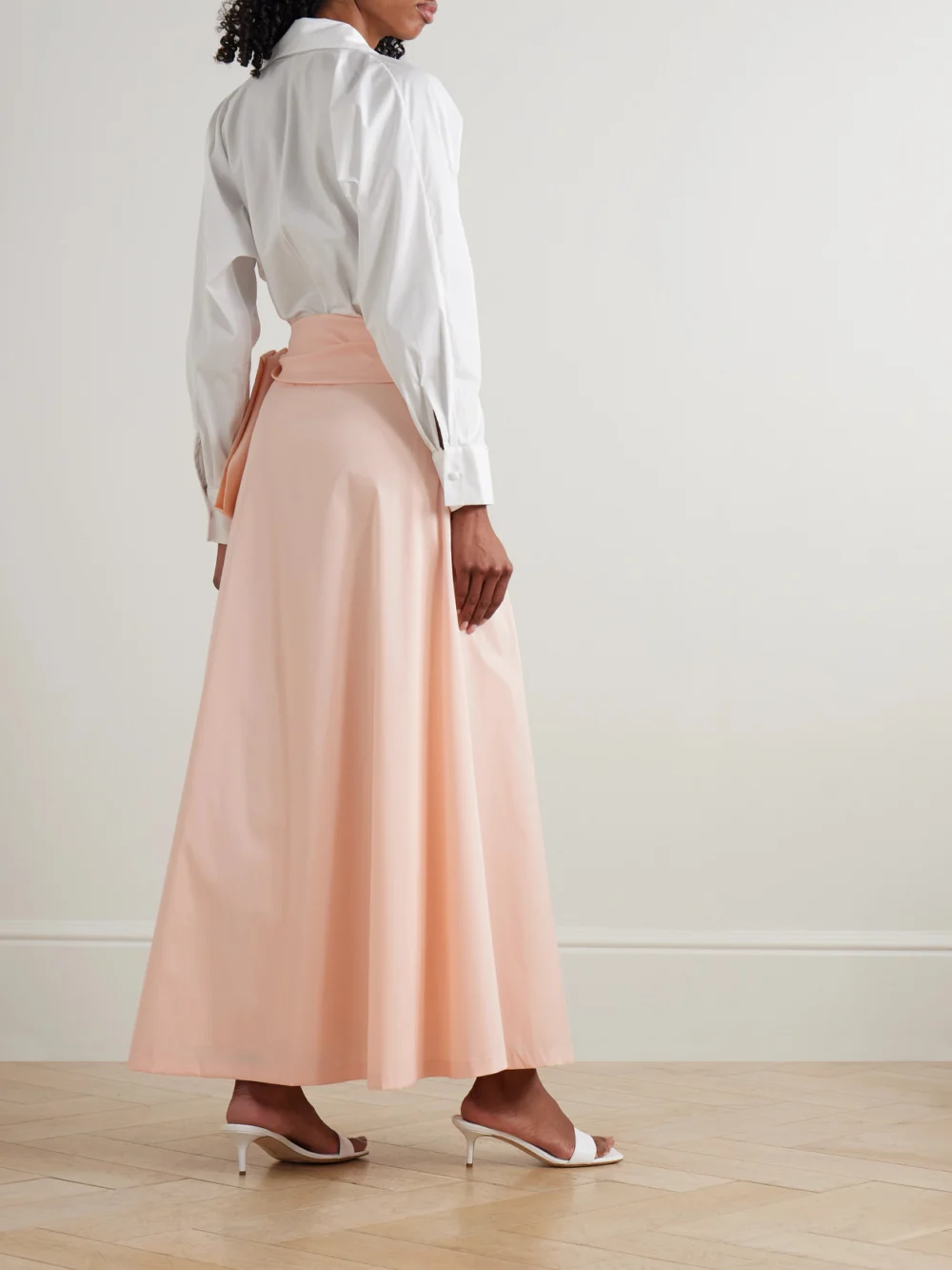 Back view of the Bernadette Clarence Belted Organic Cotton-blend Poplin and Taffeta Maxi Shirt Dress