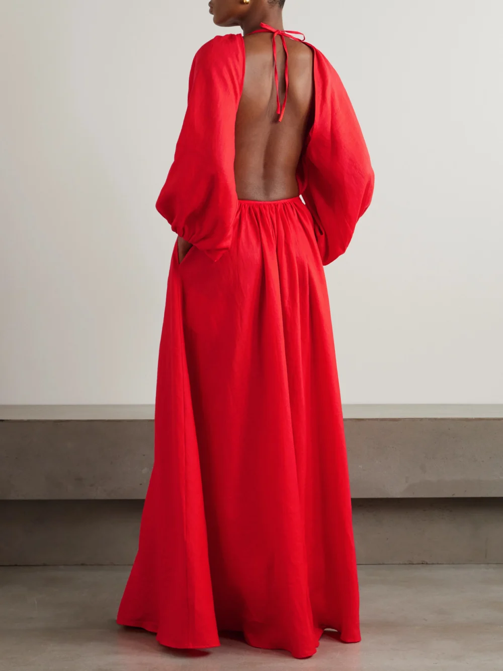 Back view of the Bernadette Fran Open-back Linen Maxi Dress