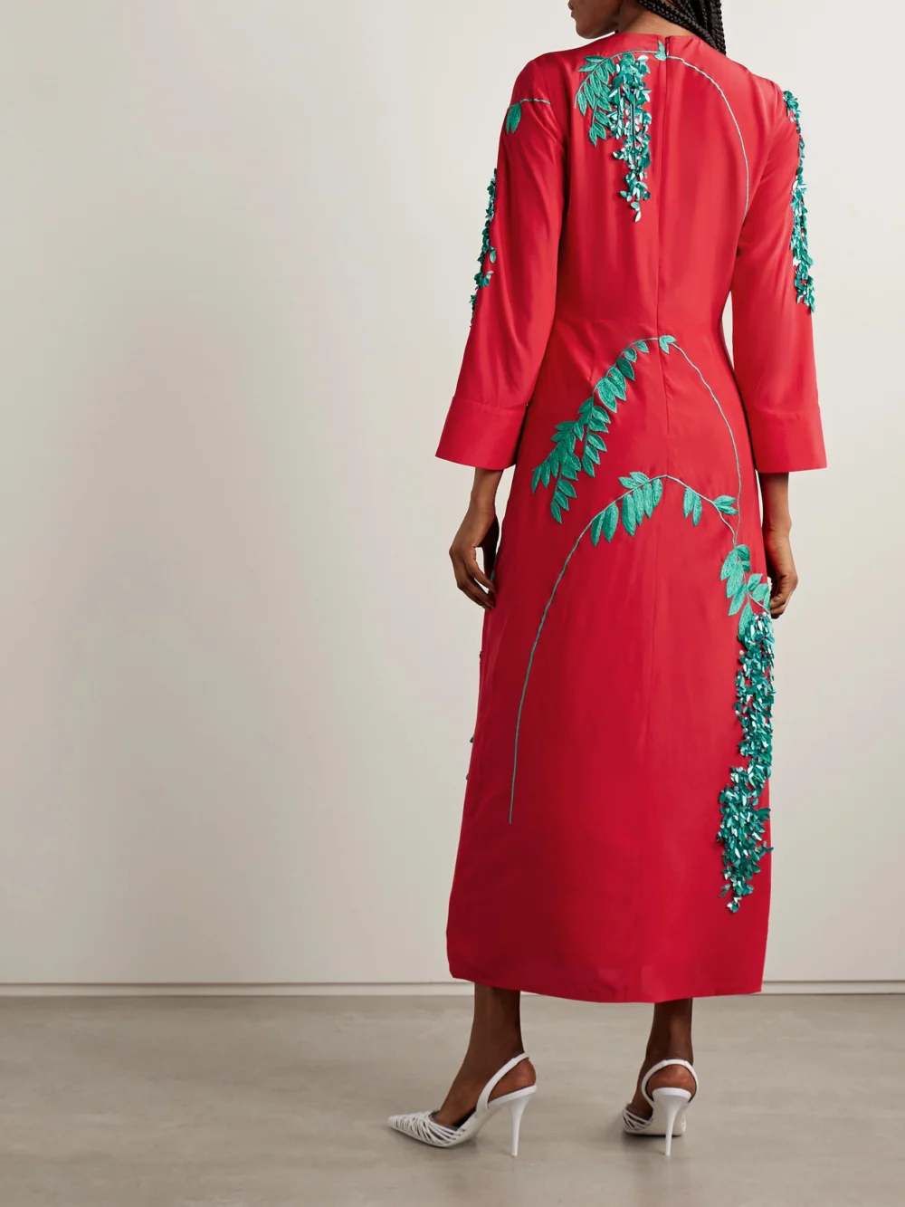 Back view of the Bernadette Harry Embellished Embroidered Silk Crepe De Chine Midi Dress