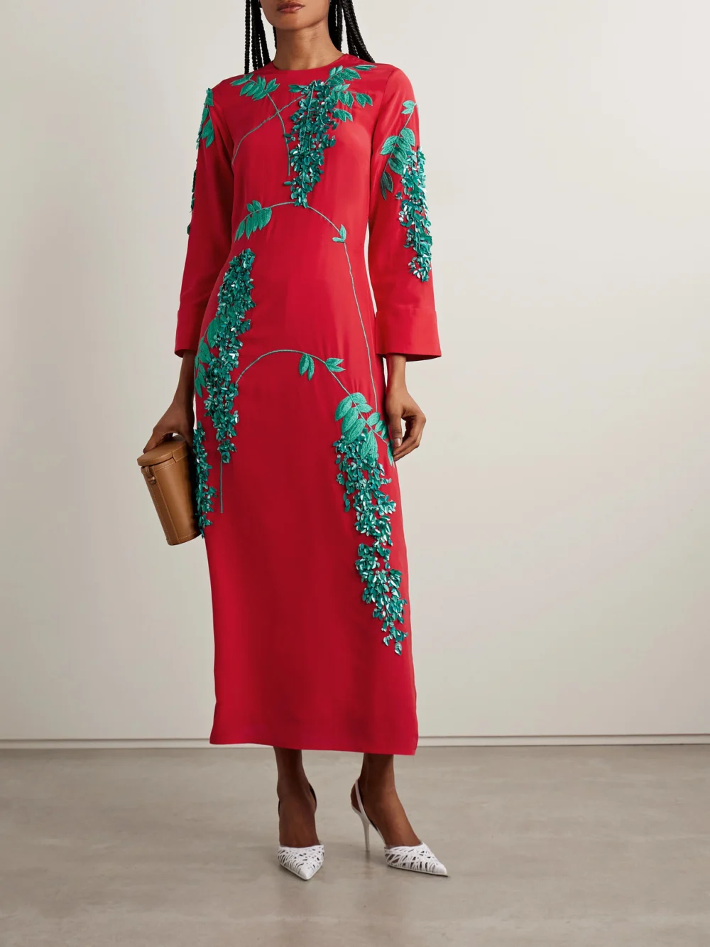 Bernadette Harry Embellished Embroidered Silk Crepe De Chine Midi Dress, worn by a model
