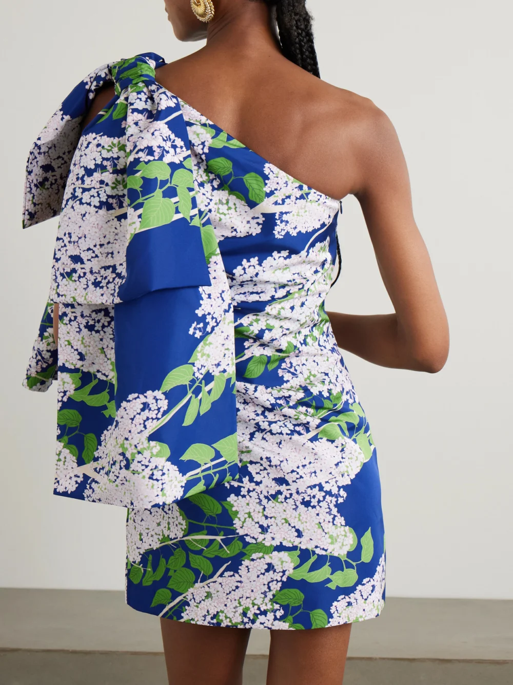 Back view of the Bernadette Josselin One-shoulder Bow-embellished Floral-print Taffeta Mini Dress