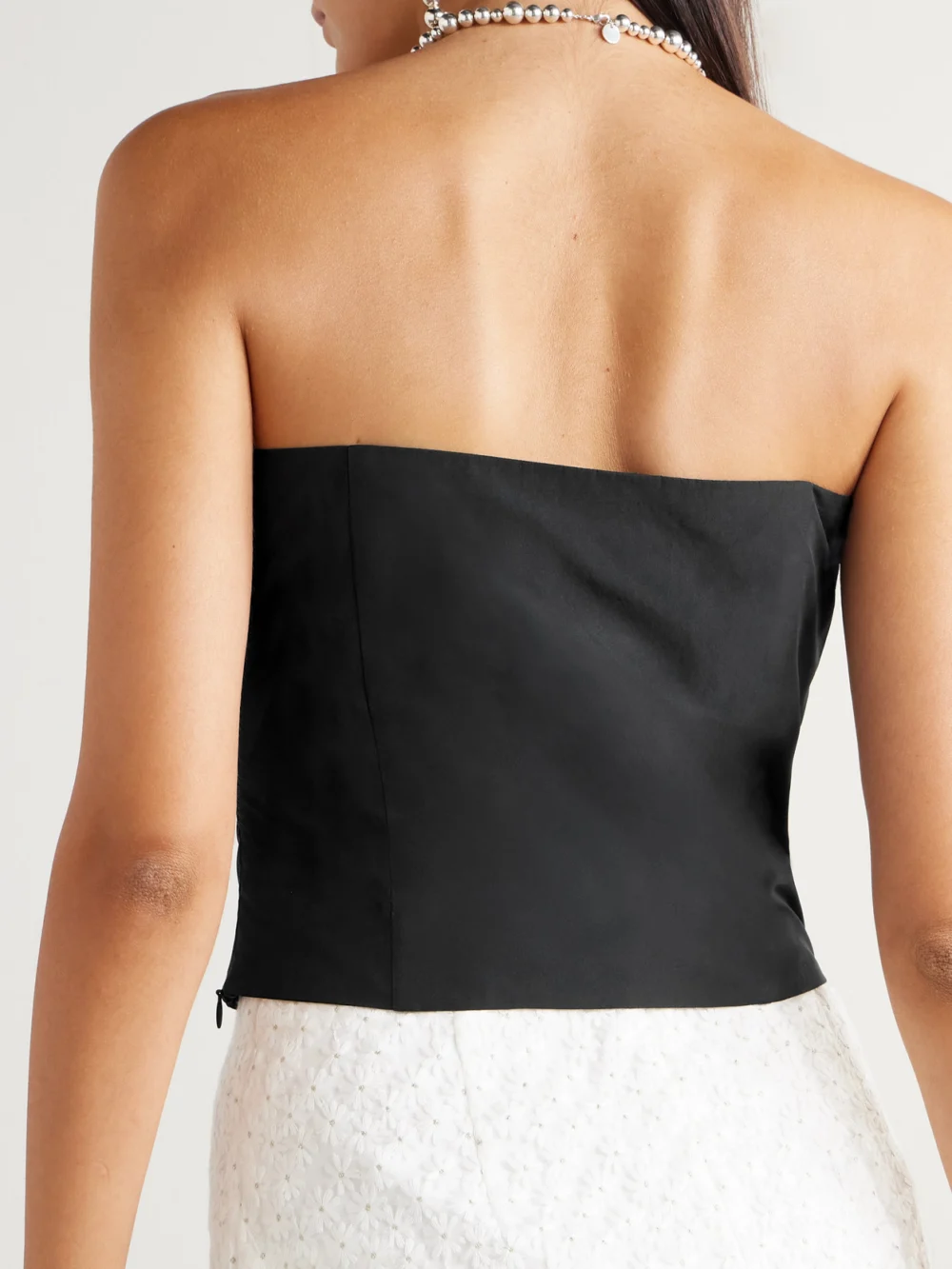 Back view of the Bernadette Lena Cropped Appliquéd Taffeta Bustier Top