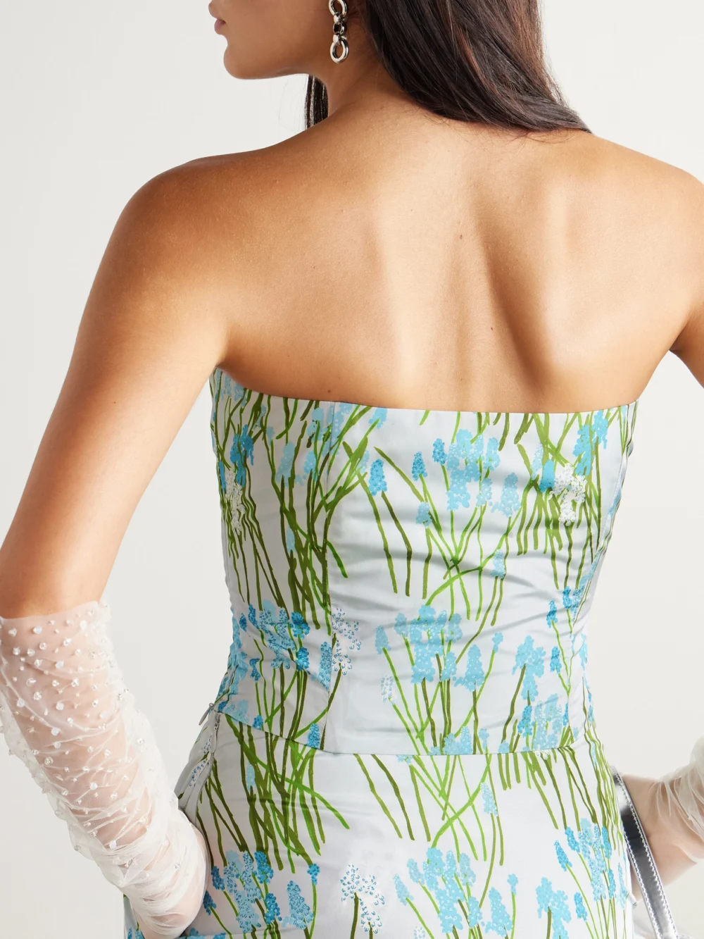 Back view of the Bernadette Lena Cropped Strapless Floral-print Woven Top