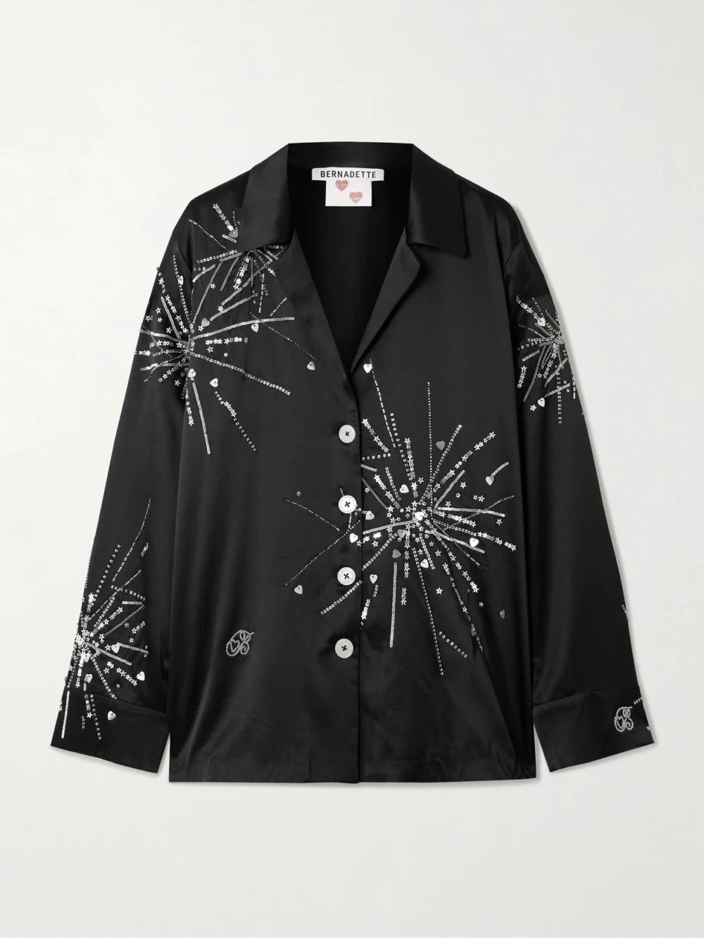 Bernadette Louis Sequin-embellished Silk-blend Satin Pajama Shirt in black