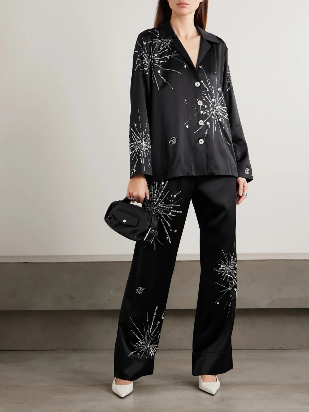 Bernadette Louis Sequin-embellished Silk-blend Satin Pajama Shirt, worn by a model