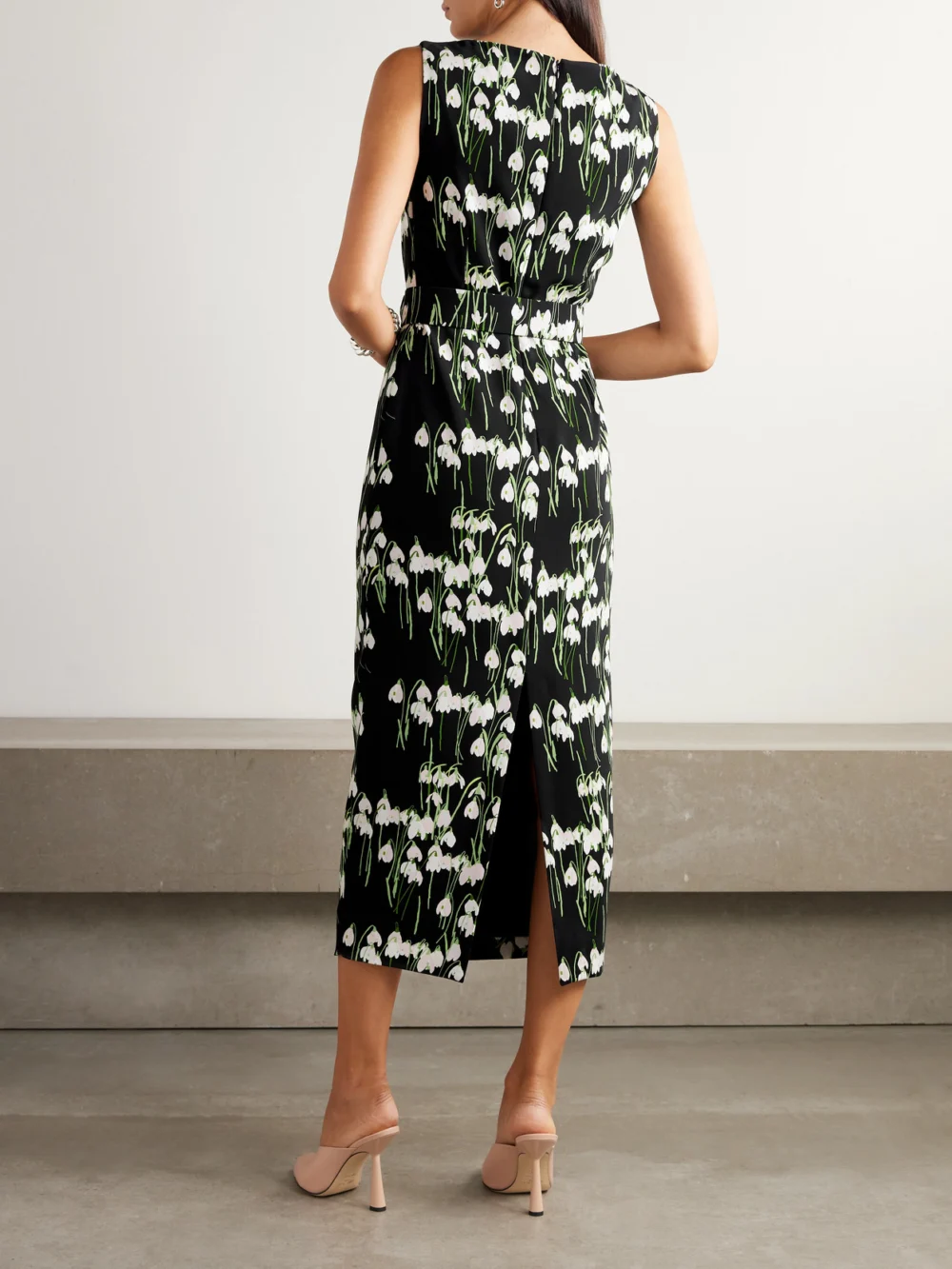 Back view of the Bernadette Lucille Belted Floral-print Crepe Midi Dress