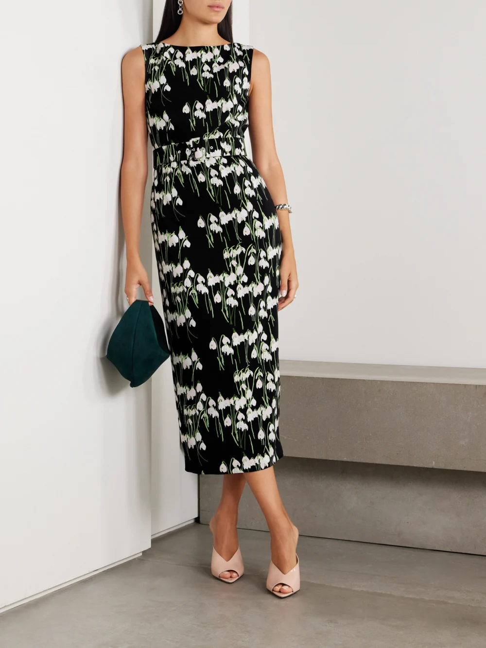 Bernadette Lucille Belted Floral-print Crepe Midi Dress, worn by a model