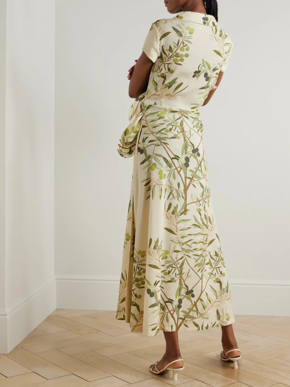 Back view of the Bernadette Mara Printed Linen-blend Midi Wrap Dress