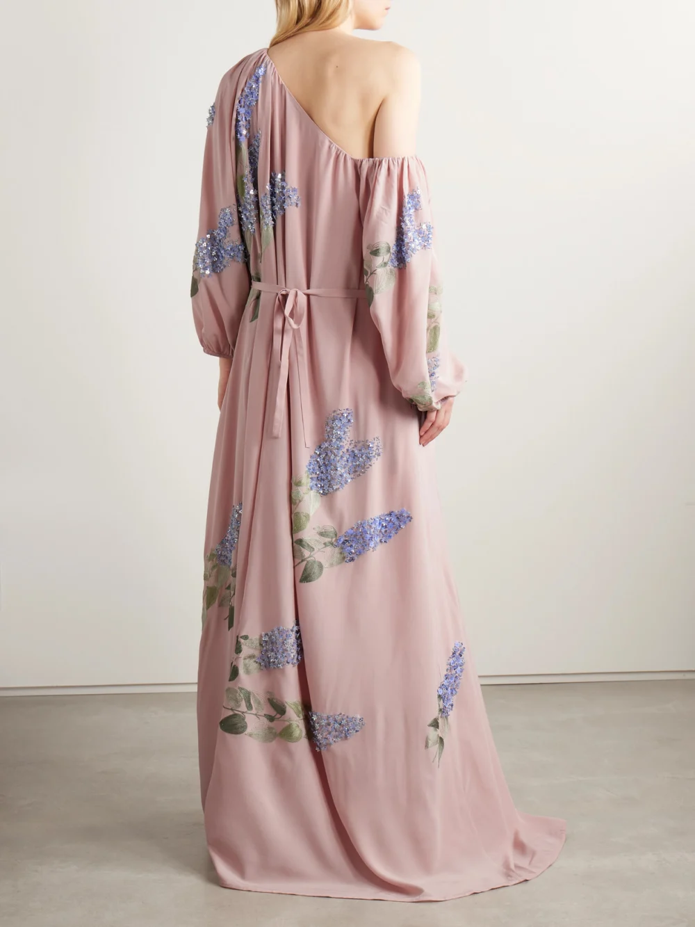 Back view of the Bernadette Nathalie Off-the-shoulder Embellished Silk Crepe De Chine Gown