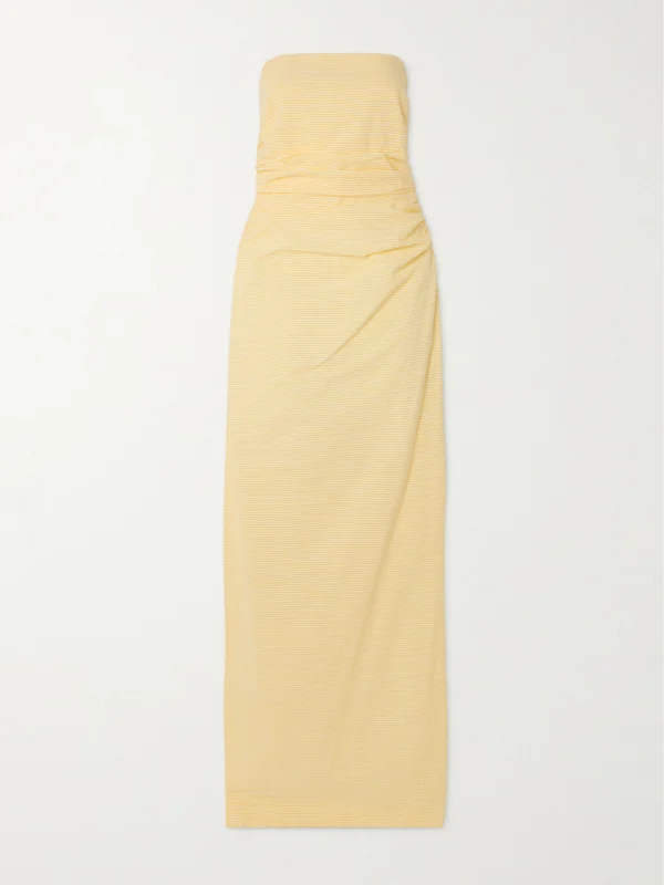 Bernadette Vera Strapless Ruched Striped Cotton-seersucker Maxi Dress