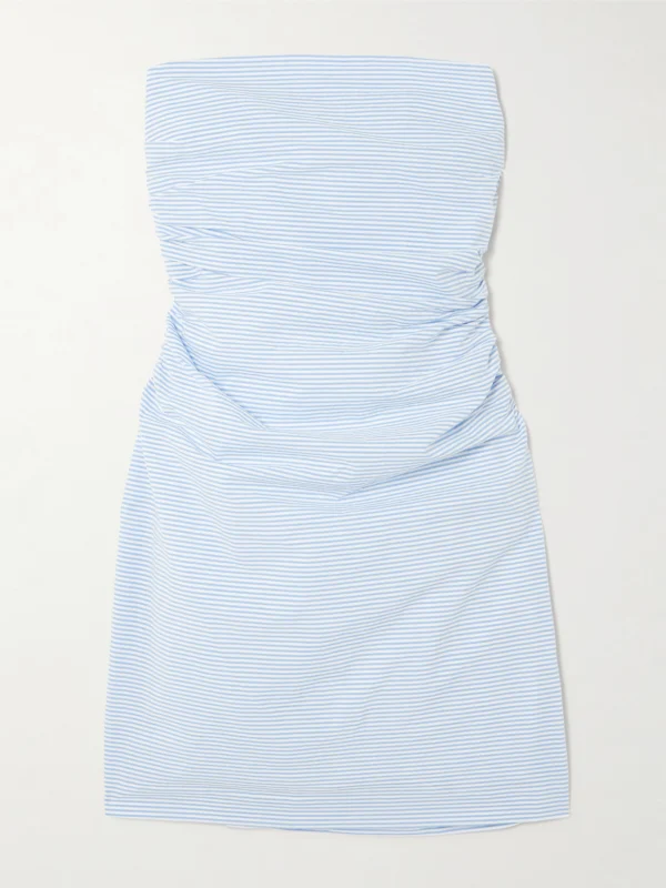Bernadette Vera Strapless Ruched Striped Cotton-seersucker Mini Dress