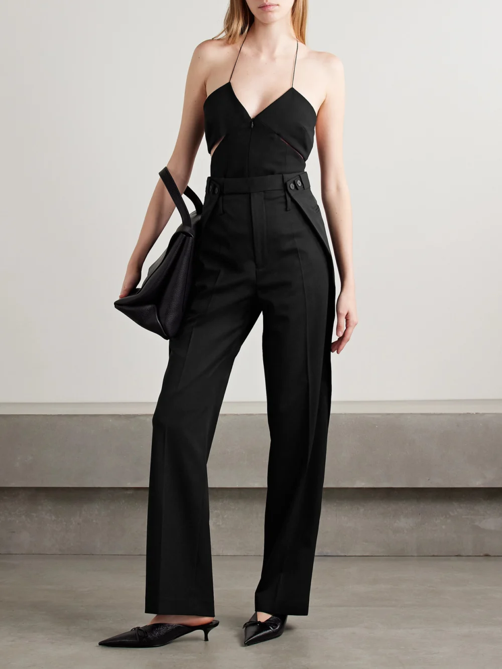 Bettter Capote Cutout Wool-blend and Satin Halterneck Top, worn by a model