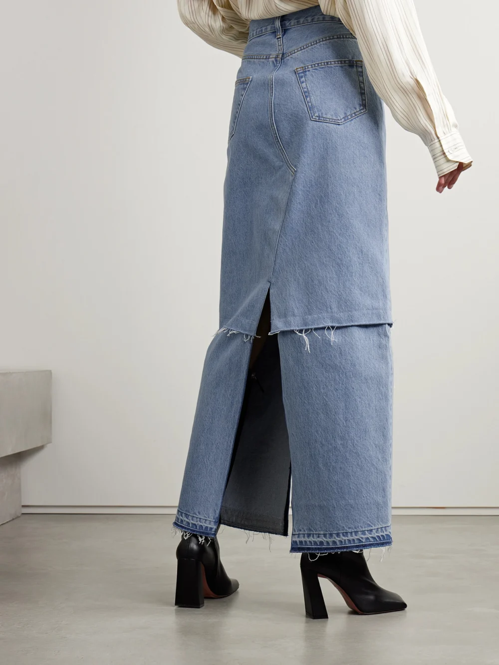 Back view of the Bettter Convertible Frayed Denim Maxi Skirt
