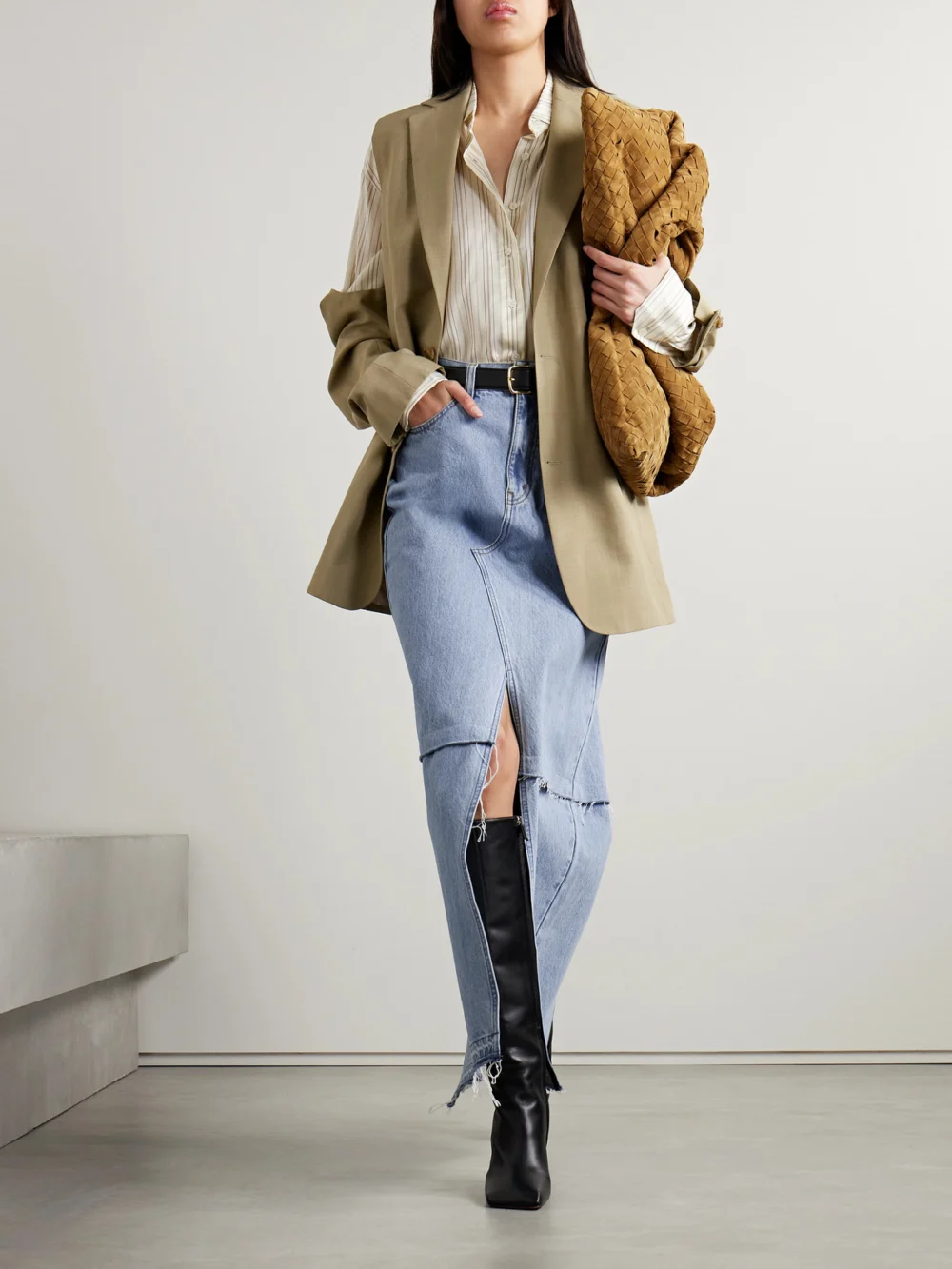 Bettter Convertible Frayed Denim Maxi Skirt, worn by a model
