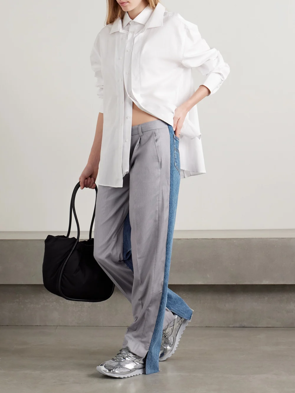 Bettter Denitrouser Paneled Pleated Wool-blend and Denim Pants, worn by a model