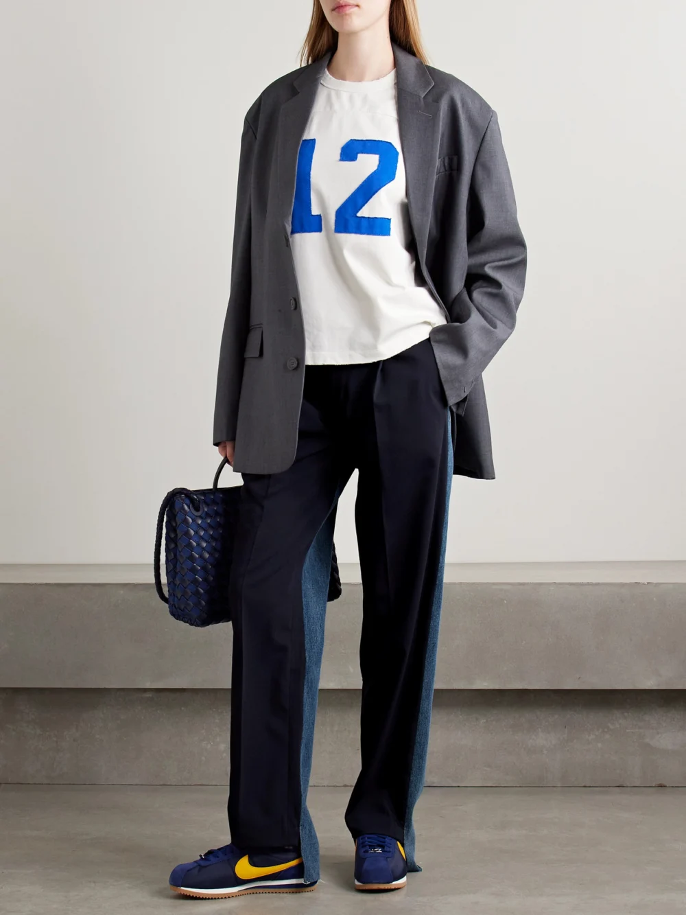 Bettter Denitrouser Paneled Pleated Wool-blend and Denim Pants, worn by a model