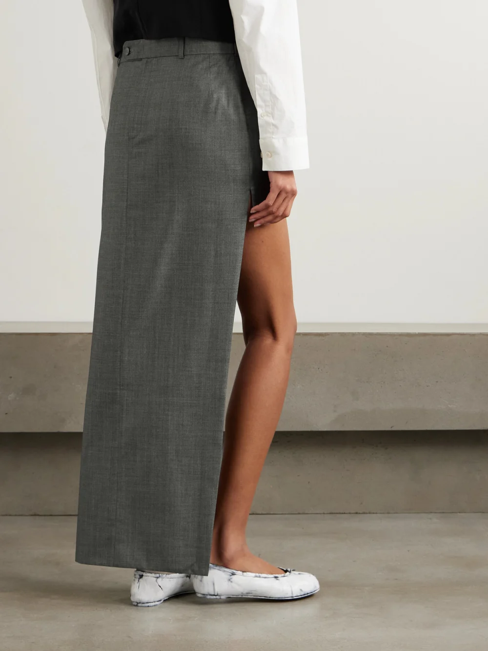 Back view of the Bettter Office Party Asymmetric Striped Wool-blend Maxi Skirt