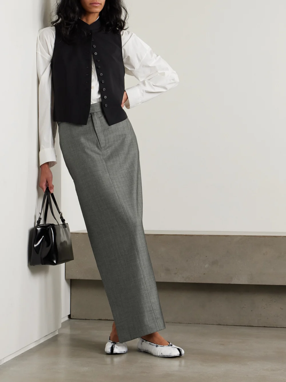 Bettter Office Party Asymmetric Striped Wool-blend Maxi Skirt, worn by a model