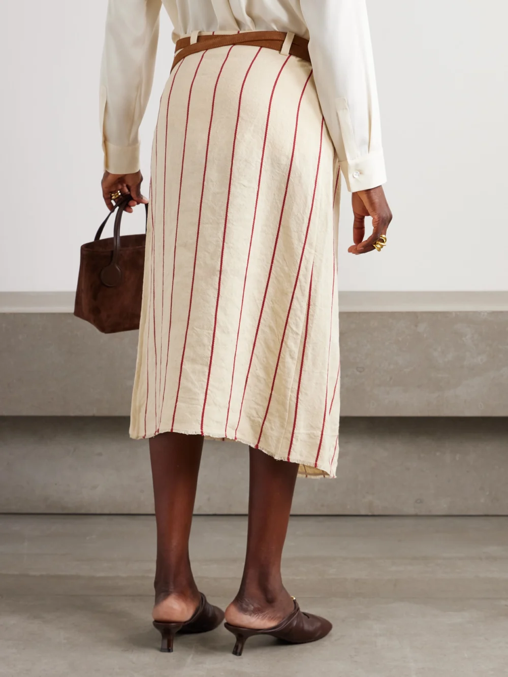 Back view of the Bettter Pareo Belted Striped Linen Midi Wrap Skirt