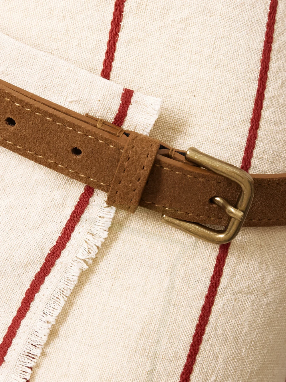Close-up detail of the Bettter Pareo Belted Striped Linen Midi Wrap Skirt