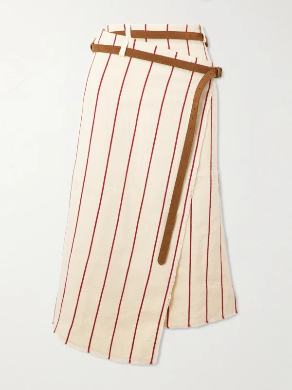 Bettter Pareo Belted Striped Linen Midi Wrap Skirt