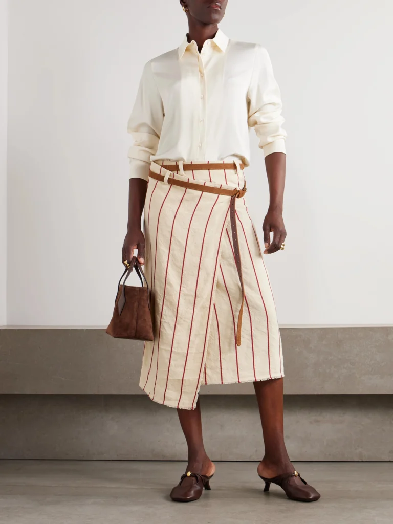 Bettter Pareo Belted Striped Linen Midi Wrap Skirt