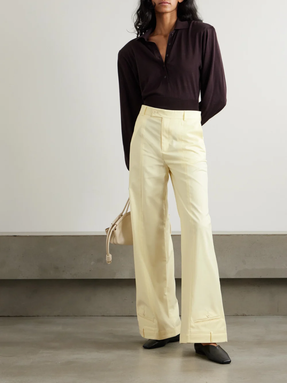 Bettter Upside-down Wool-blend Wide-leg Pants, worn by a model