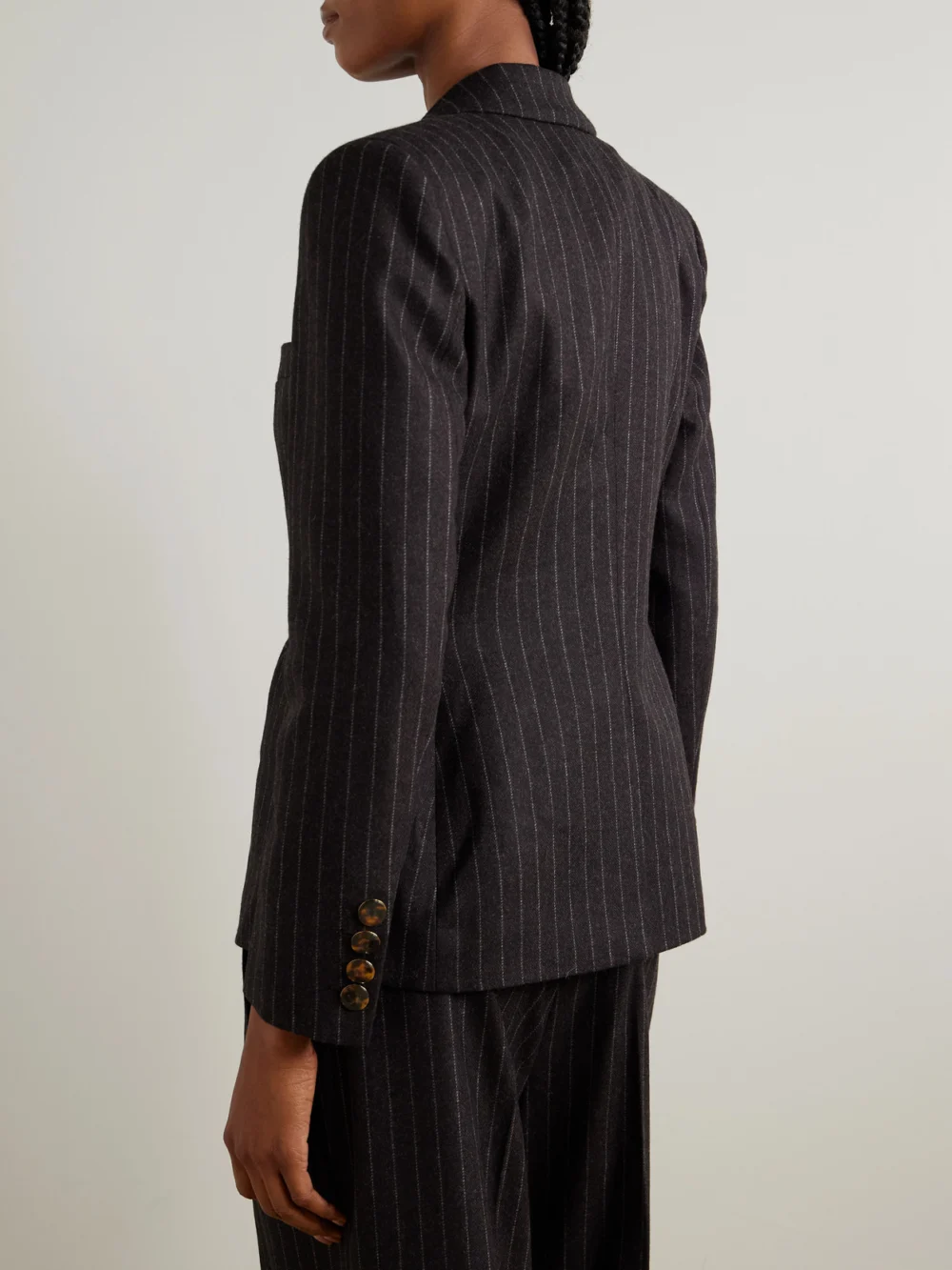 Back view of the BLAZÉ Milano Akira Pinstriped Wool and Cashmere-blend Blazer