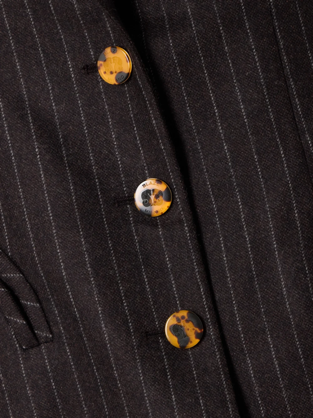 Close-up detail of the BLAZÉ Milano Akira Pinstriped Wool and Cashmere-blend Blazer