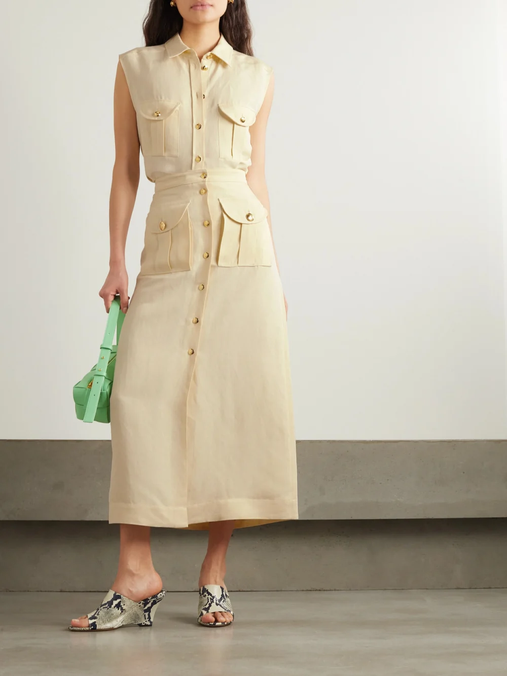 BLAZÉ Milano Appaloosa Linen and Silk-blend Twill Midi Skirt, worn by a model