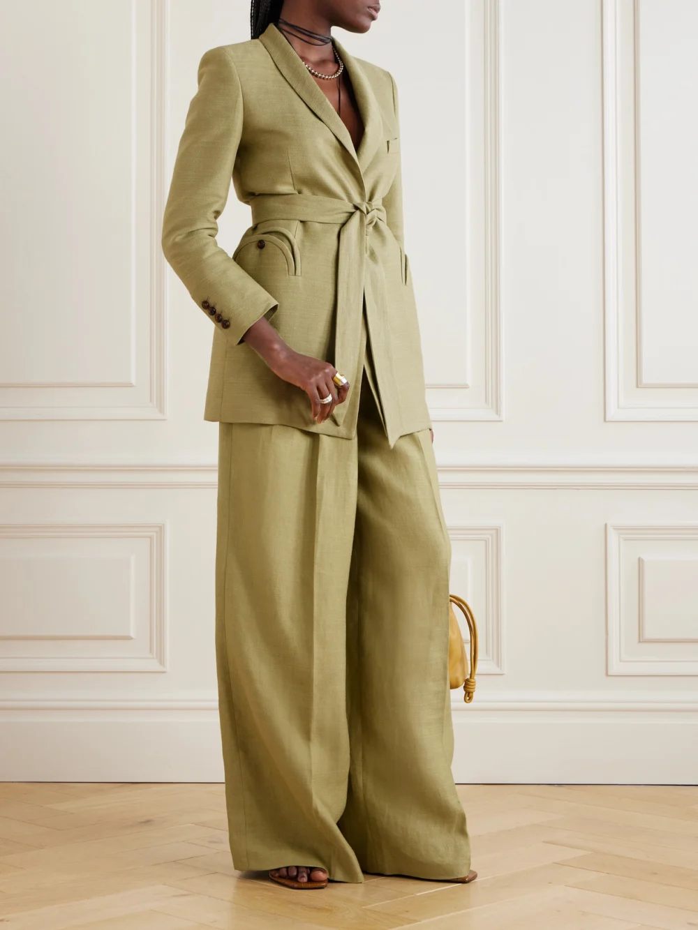 BLAZÉ Milano Belted Linen and Silk-blend Blazer, worn by a model