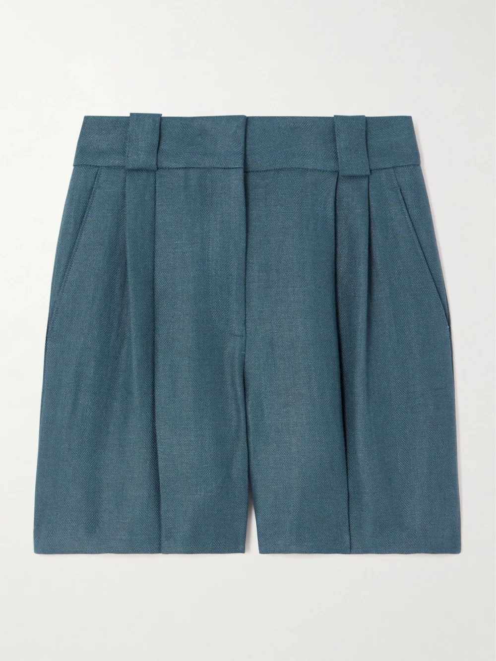 BLAZÉ Milano Clarity Pleated Herringbone Linen Shorts in navy