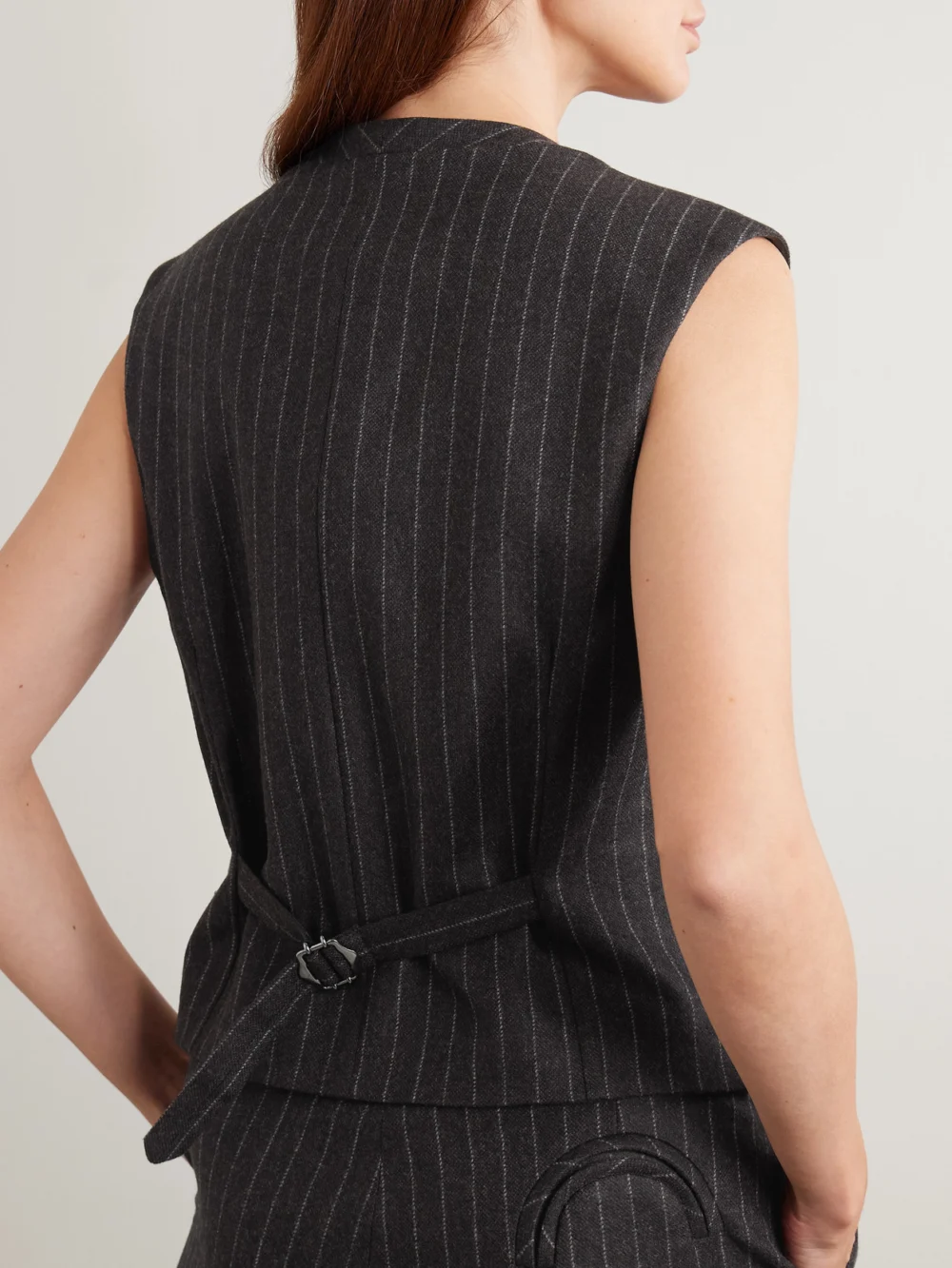 Back view of the BLAZÉ Milano Feral Pinstriped Wool and Cashmere-blend Vest