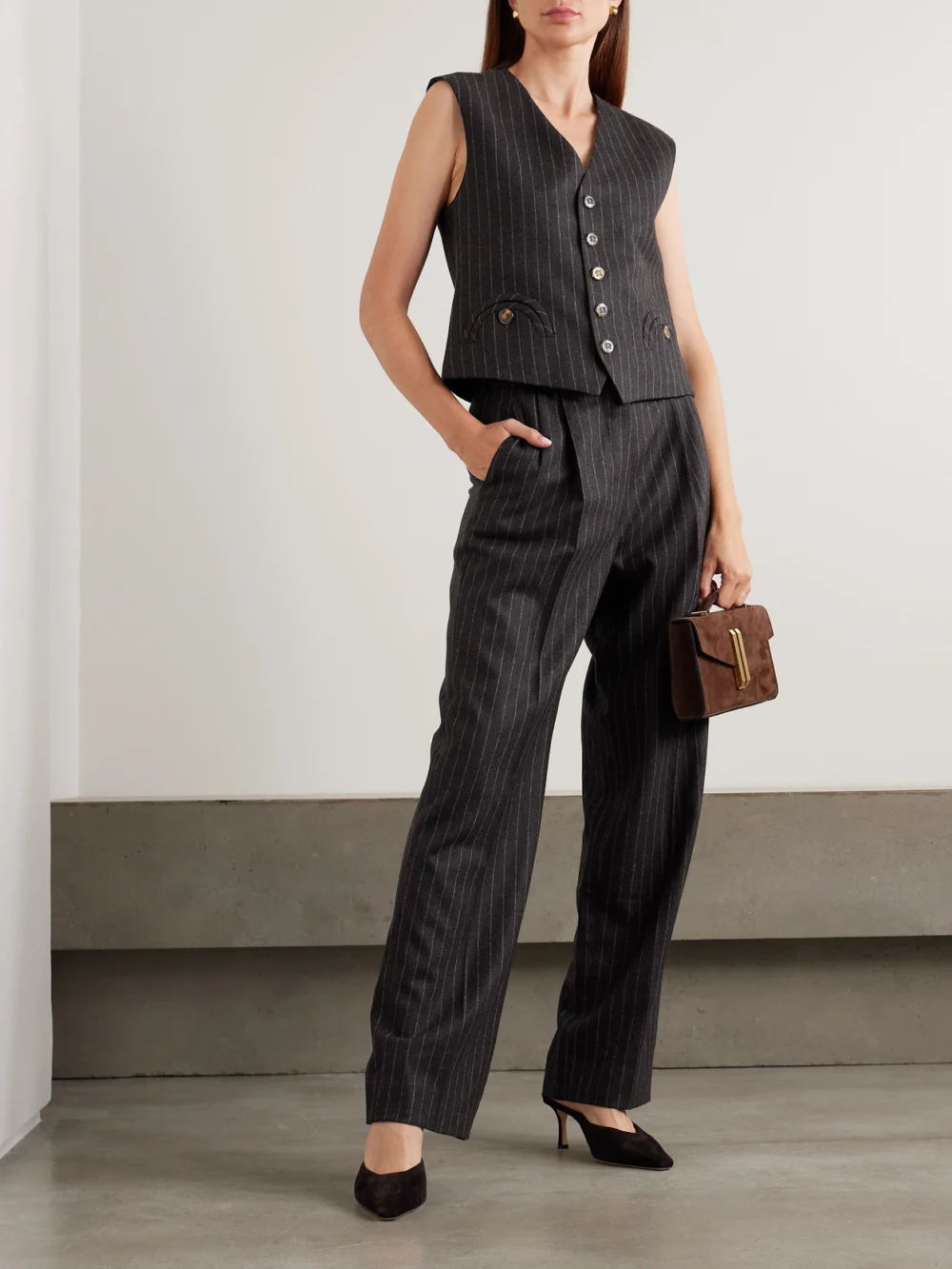 BLAZÉ Milano Feral Pinstriped Wool and Cashmere-blend Vest, worn by a model