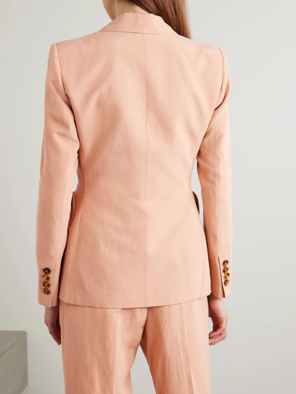 Back view of the BLAZÉ Milano Flica Charmer Double-breasted Silk and Linen-blend Blazer