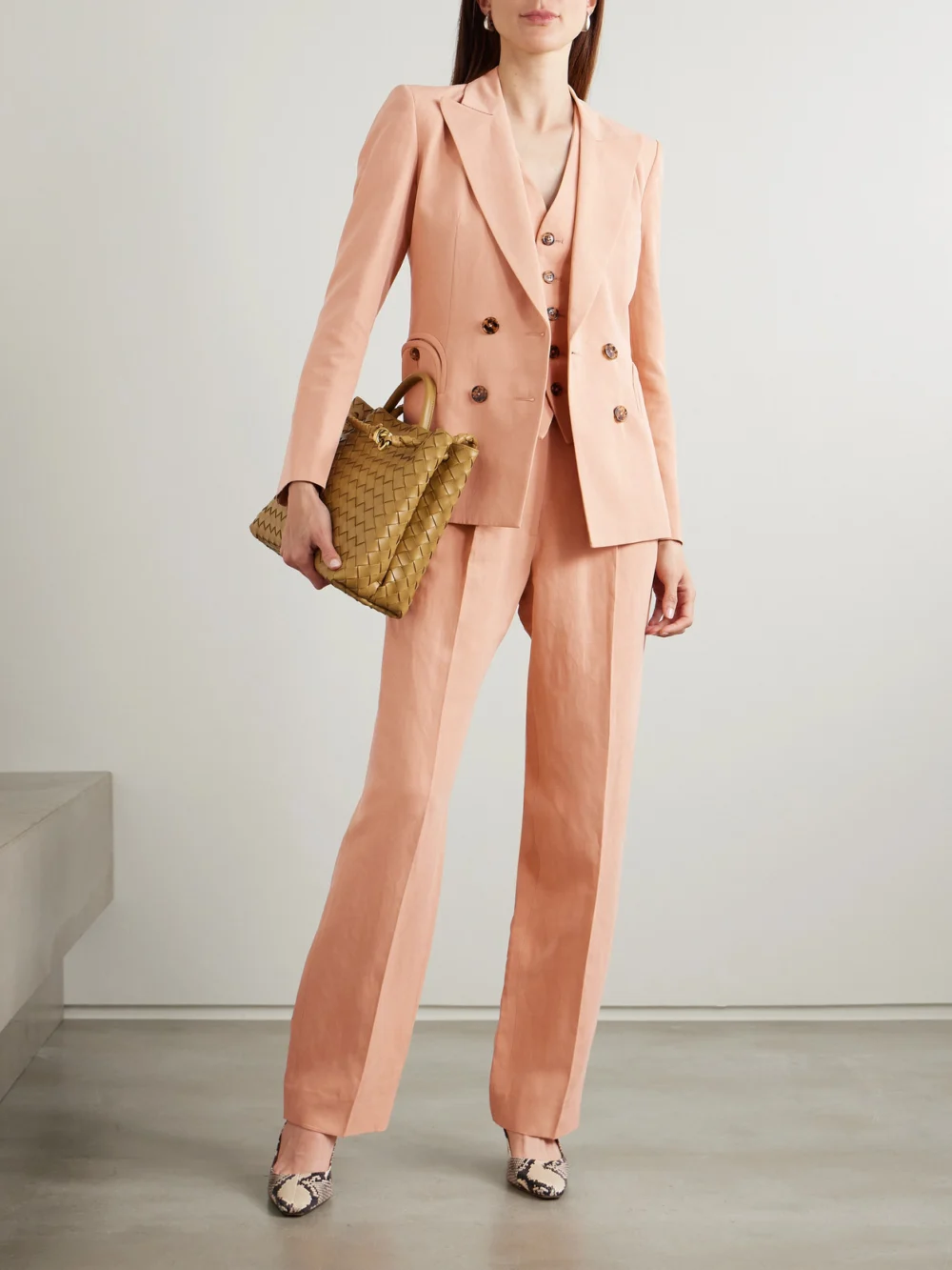 BLAZÉ Milano Flica Charmer Double-breasted Silk and Linen-blend Blazer, worn by a model