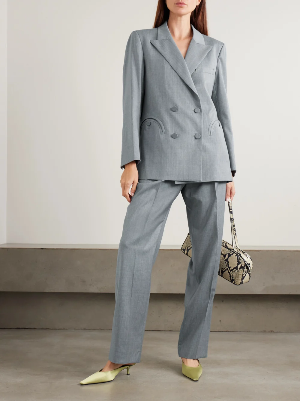 BLAZÉ Milano Fox Pleated Wool-twill Straight-leg Pants, worn by a model