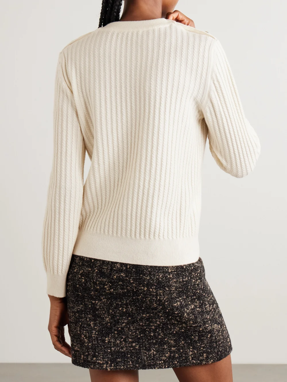 Back view of the BLAZÉ Milano Highland Button-detailed Cable-knit Wool and Cashmere-blend Sweater