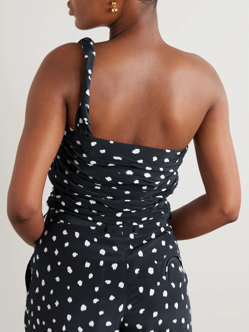 Back view of the BLAZÉ Milano Mariquita Reef One-shoulder Gathered Printed Silk Crepe De Chine Top