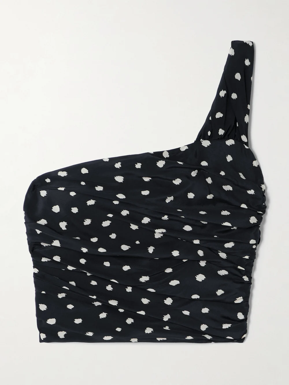 BLAZÉ Milano Mariquita Reef One-shoulder Gathered Printed Silk Crepe De Chine Top in navy