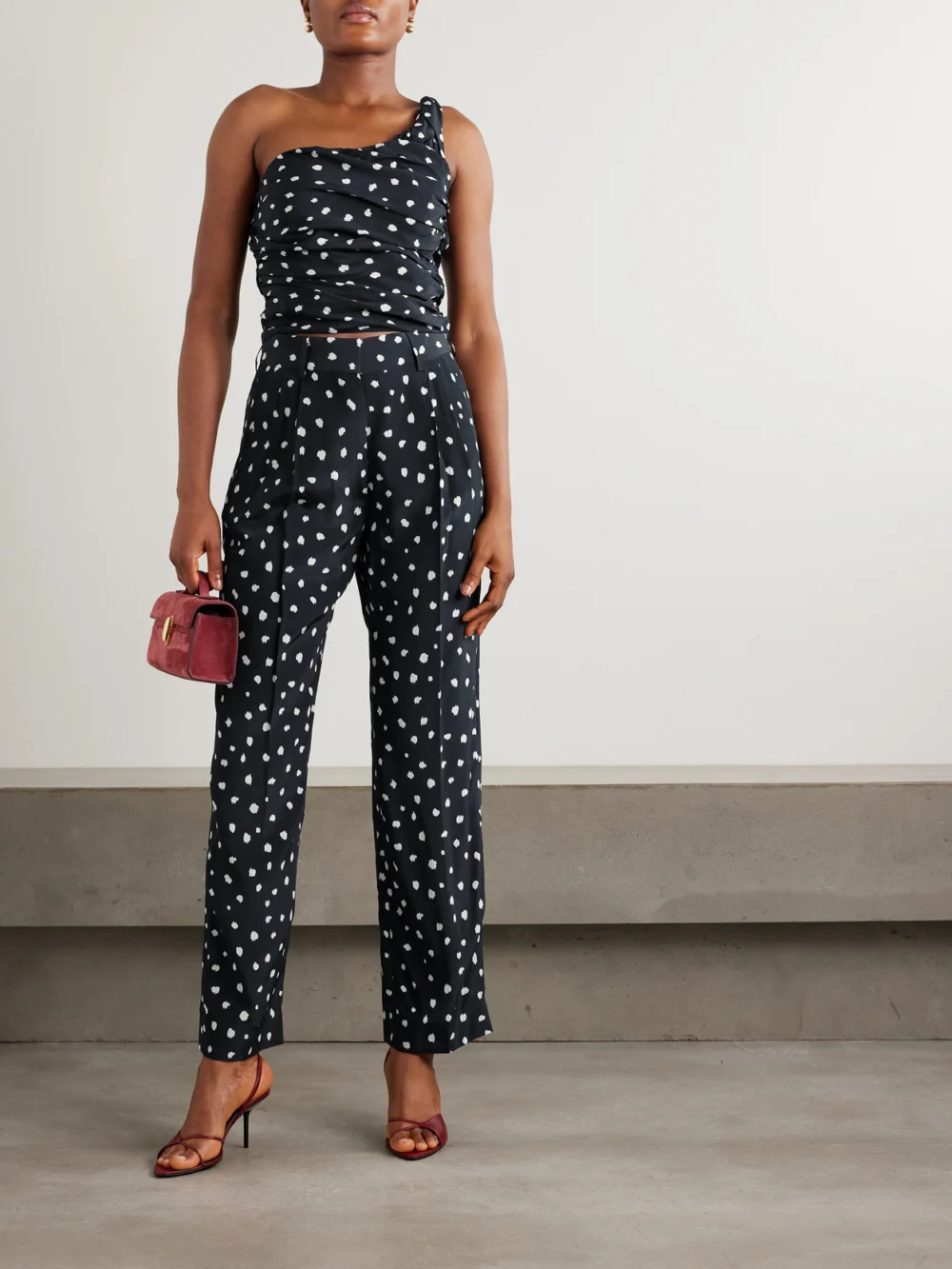 BLAZÉ Milano Mariquita Reef One-shoulder Gathered Printed Silk Crepe De Chine Top, worn by a model